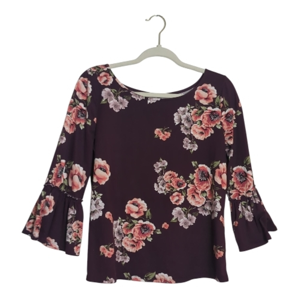 Nine Britton Med Merlot Floral Bell Round Neck Sleeve Blouse Boho Chic Peasant